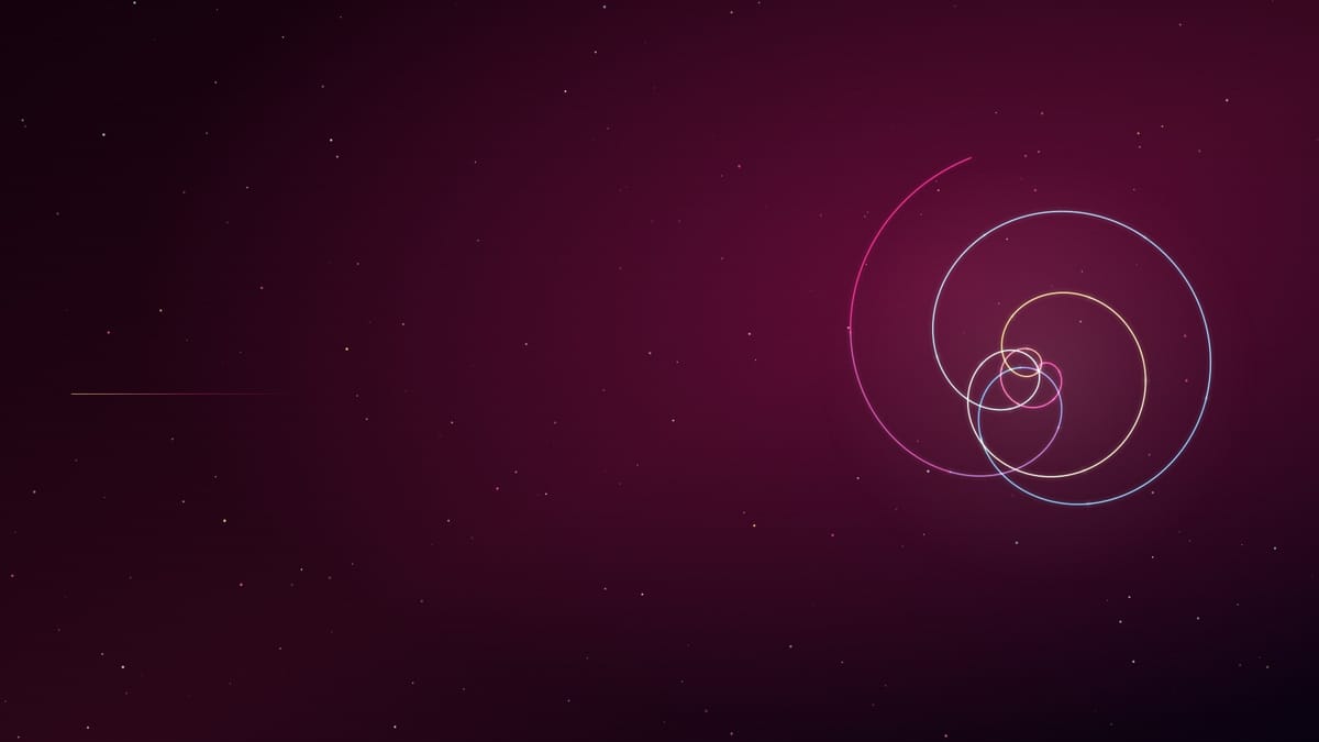 Ciel nocturne rose et violet semé d’étoiles, traversé d’une figure de courbes lumineuses dorées et roses