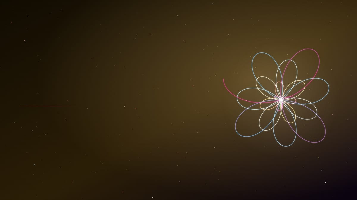 Ciel nocturne doré semé d’étoiles, traversé d’une figure de courbes lumineuses roses et or