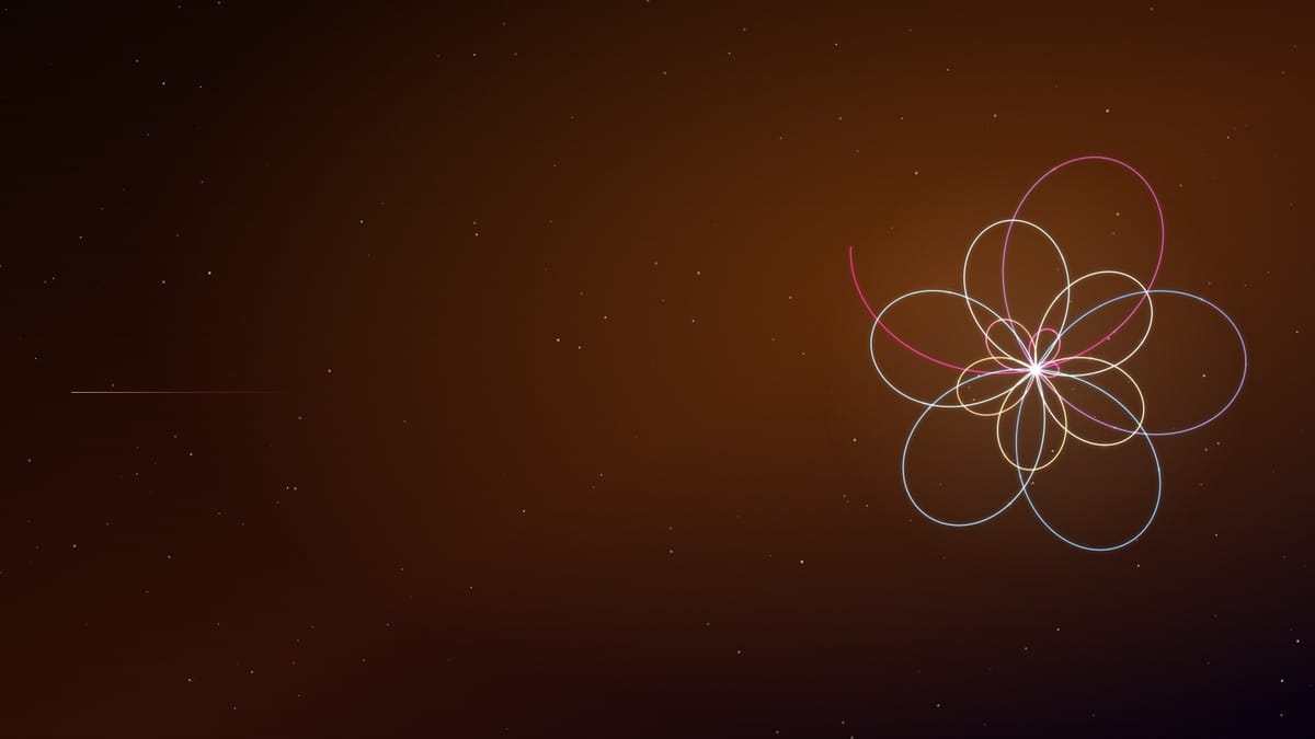 Ciel nocturne couleur braise semé d’étoiles, traversé d’une figure de courbes lumineuses dorées