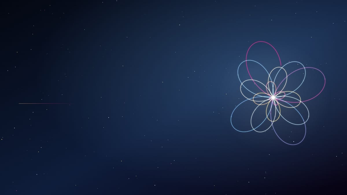 Ciel nocturne bleu givré semé d’étoiles, traversé d’une figure de courbes lumineuses roses