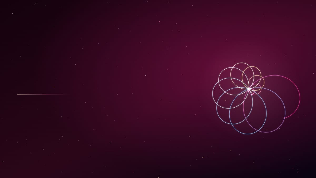 Ciel nocturne rose profond semé d’étoiles, traversé d’une figure de courbes lumineuses roses