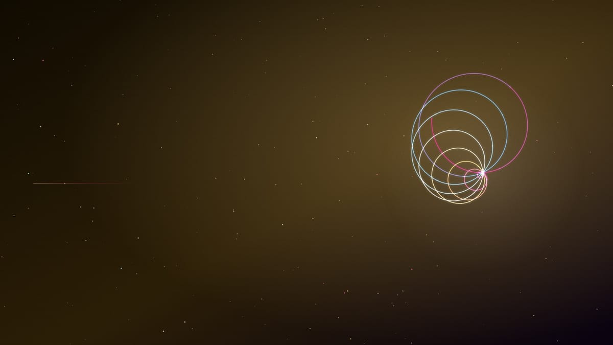 Ciel nocturne ambré semé d’étoiles, traversé d’une figure de courbes lumineuses dorées