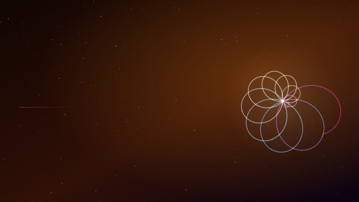 Ciel nocturne braise semé d’étoiles, traversé d’une figure de courbes lumineuses cyan