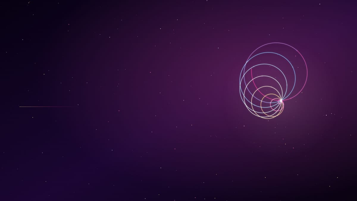 Ciel nocturne violet profond semé d’étoiles, traversé d’une figure de courbes lumineuses roses