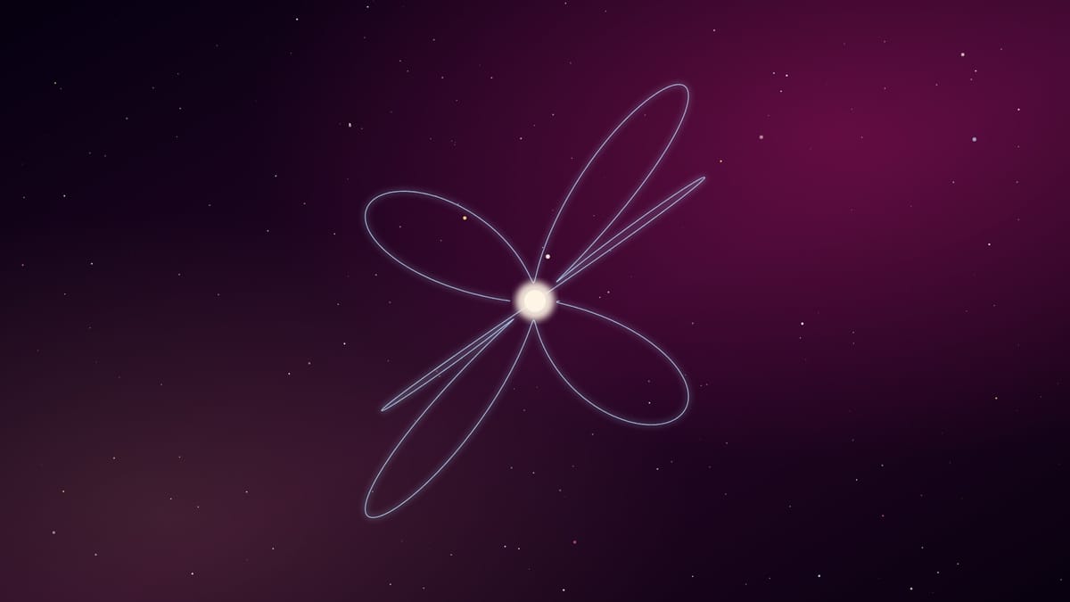 Ciel nocturne rose et violet semé d’étoiles, traversé par une figure lumineuse bleu pâle calée sur la minute de publication, sans texte.