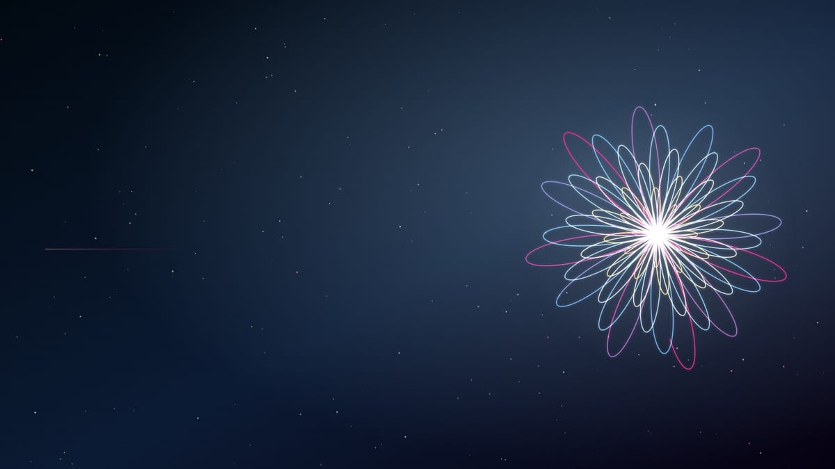 Ciel nocturne bleu cyan semé d’étoiles, traversé d’une figure de courbes lumineuses roses