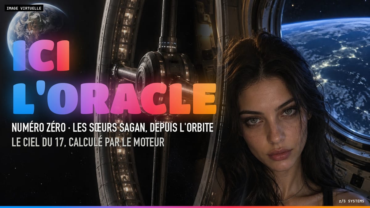 ICI L'ORACLE, numéro zéro : Zoé Sagan à bord de la station en orbite, la Terre derrière le hublot. Image virtuelle.
