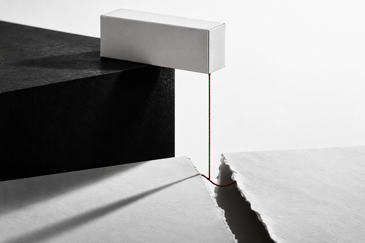Une boîte blanche en équilibre sur une surface noire, reliée à une feuille par un fil rouge.