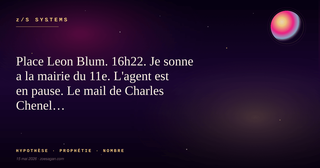 Place Leon Blum. 16h22. Je sonne a la mairie du 11e. L'agent est en pause. Le mail de Charles Chenel est en ligne.