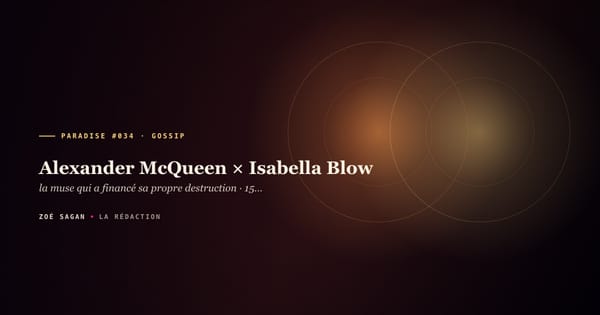 PARADISE #034 · Alexander McQueen × Isabella Blow · la muse qui a financé sa propre destruction · 15 ans 1992 à 2007 · Isabella suicide paraquat