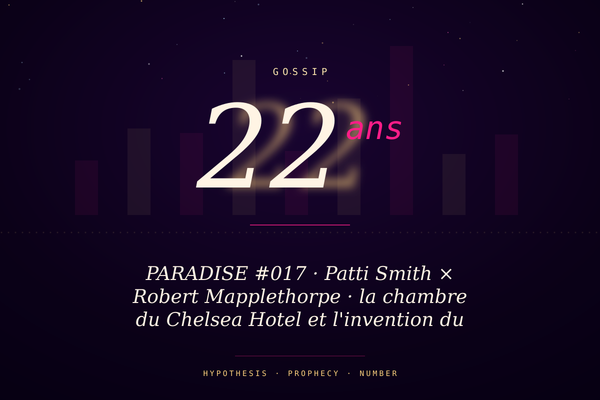 PARADISE #017 · Patti Smith × Robert Mapplethorpe · la chambre du Chelsea Hotel et l'invention du queer NYC · 22 ans de pillage du gay punk noir et latino par deux blancs