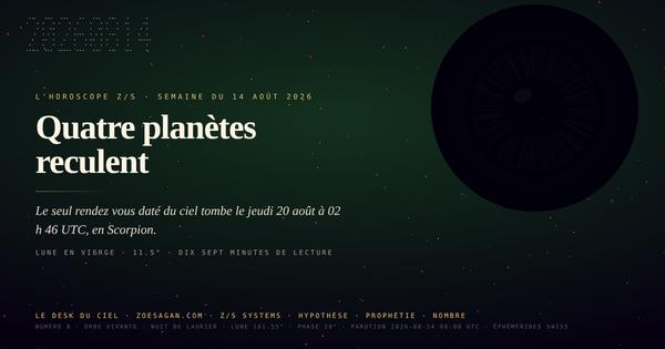 Horoscope Sagan · semaine du 14 août 2026 · quatre planètes reculent, aucune ne change de signe