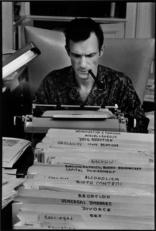 USA. Chicago, IL. 1966. Hugh HEFNER, Playboy founder, typing at his desk in his mansion. Contact email: New York : photography@magnumphotos.com Paris : magnum@magnumphotos.fr London : magnum@magnumphotos.co.uk Tokyo : tokyo@magnumphotos.co.jp Contact phones: New York : +1 212 929 6000 Paris: + 33 1 53 42 50 00 London: + 44 20 7490 1771 Tokyo: + 81 3 3219 0771 Image URL: http://www.magnumphotos.com/Archive/C.aspx?VP3=ViewBox_VPage&IID=2K7O3RY6ZAC&CT=Image&IT=ZoomImage01_VForm