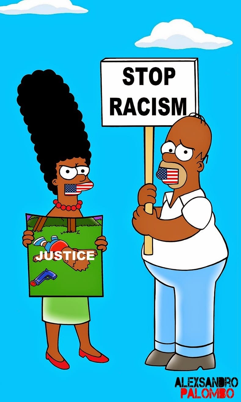 The Simpsons Black Eric Garner Statue of Freedom Homer Simpson Marge Bart Lisa Clancy Winchester Policeman Bill De Blasio Police Stop Racism Racist I can't Breath Art Campaign Artist aleXsandro Palombo 3