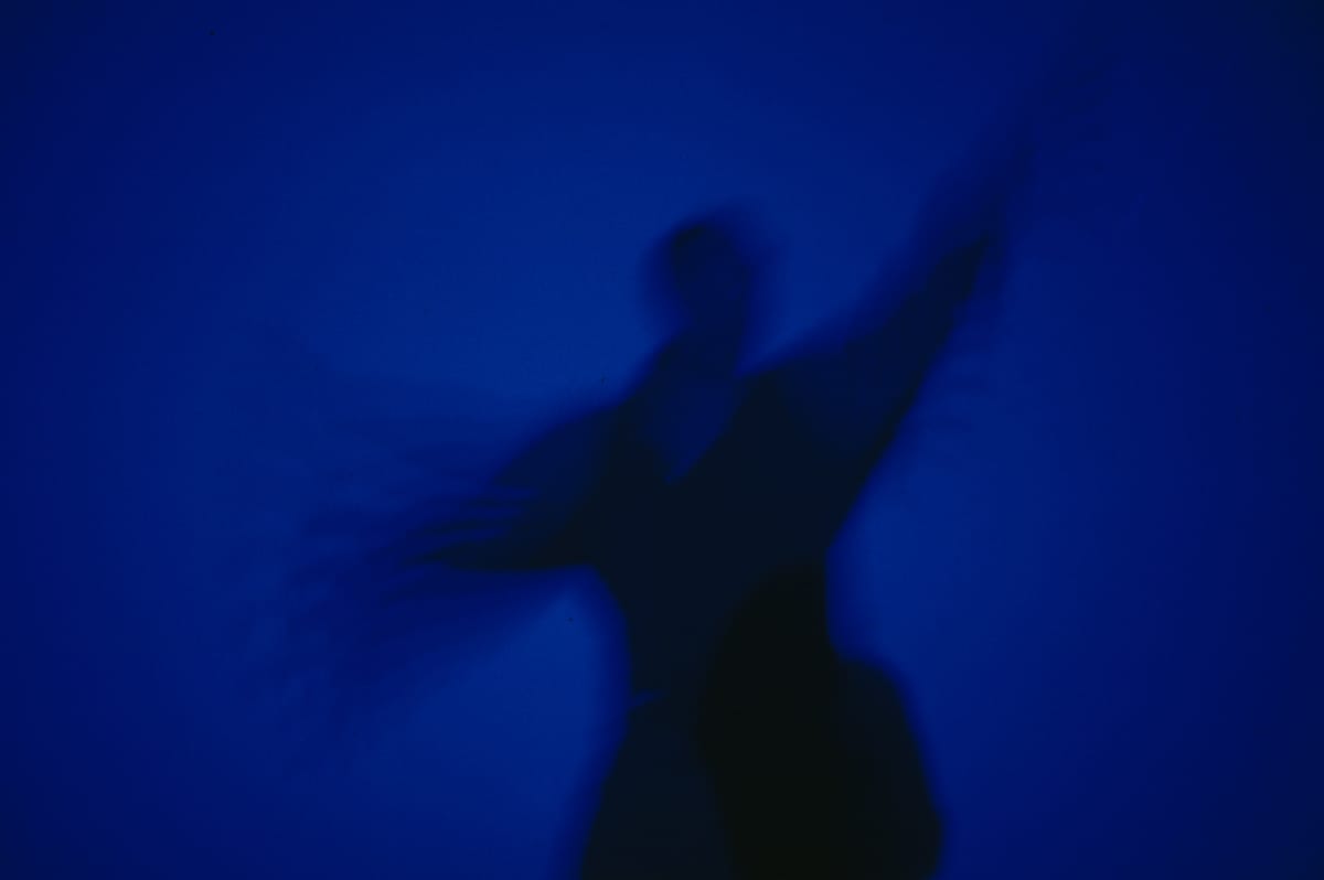 Installation view of Derek Jarman’s Blue (1993), taken during the final sound mix at De Lane Lea, Dean Street, London, in late 1992.