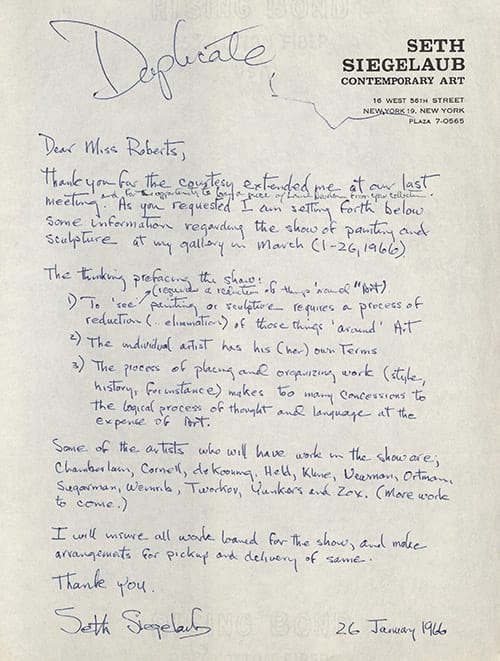 Duplicata d'une lettre écrite par Siegelaub sollicitant des œuvres d'art pour le "25" Show 1966. La lettre explique l'intention de Siegelaub dans l'organisation de l'exposition.