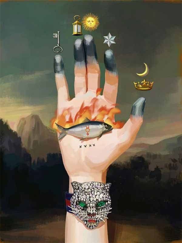 La page Pinterest présentait également cette publicité Gucci qui est fortement inspirée par le symbolisme occulte connu sous le nom de la Main des Mystères