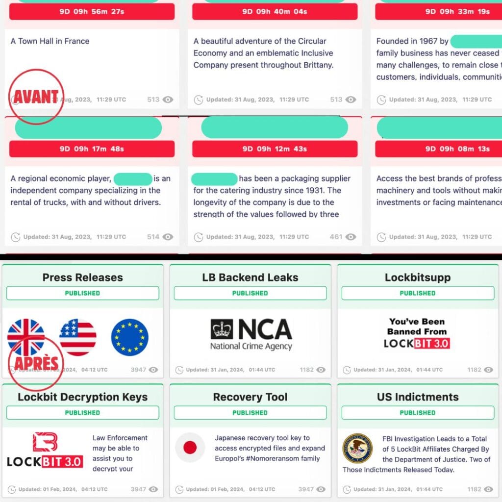 Là où les cybercriminels affichaient auparavant leur victime et leurs données, se trouvent désormais des communiqués de presse et des mandats d'arrestations. // Source : Numerama